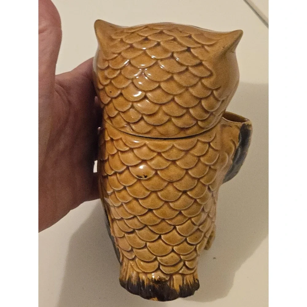 Vintage 70s Ceramic Brown Owl Coffee Canister Jar Retro Kitchen Decor Japan
